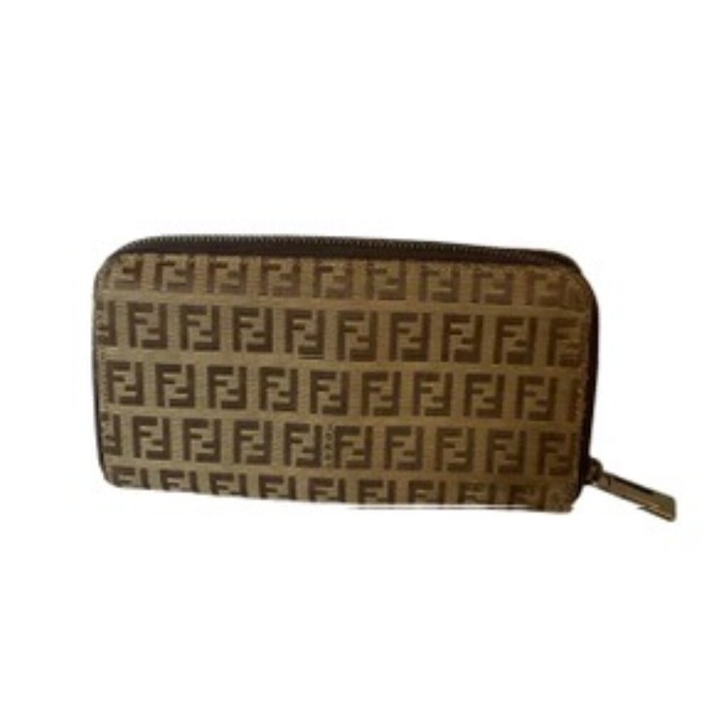 Fendi Zucca Brown Tan Zip Around Long Wallet
